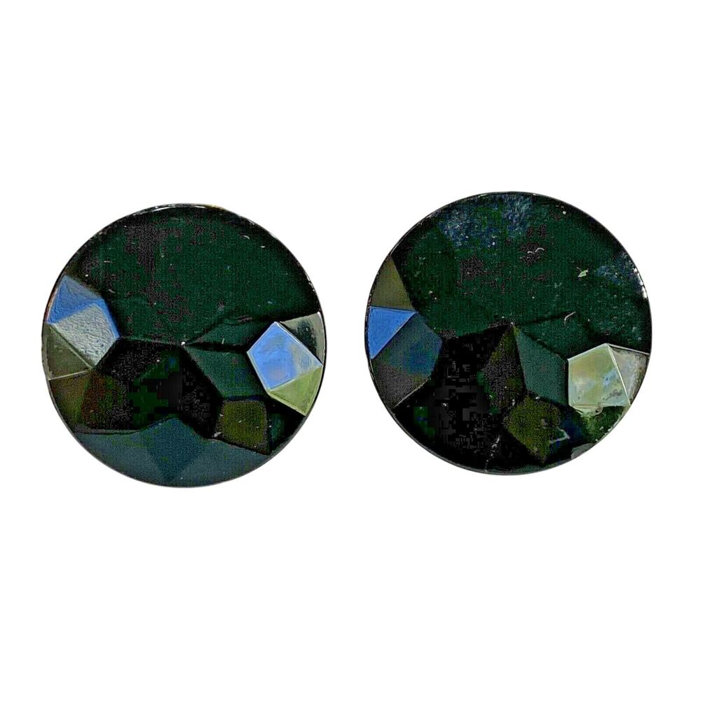 Vintage Vogue Clip On Earrings Black Faceted Glass Rounds Buttons Classic Retro